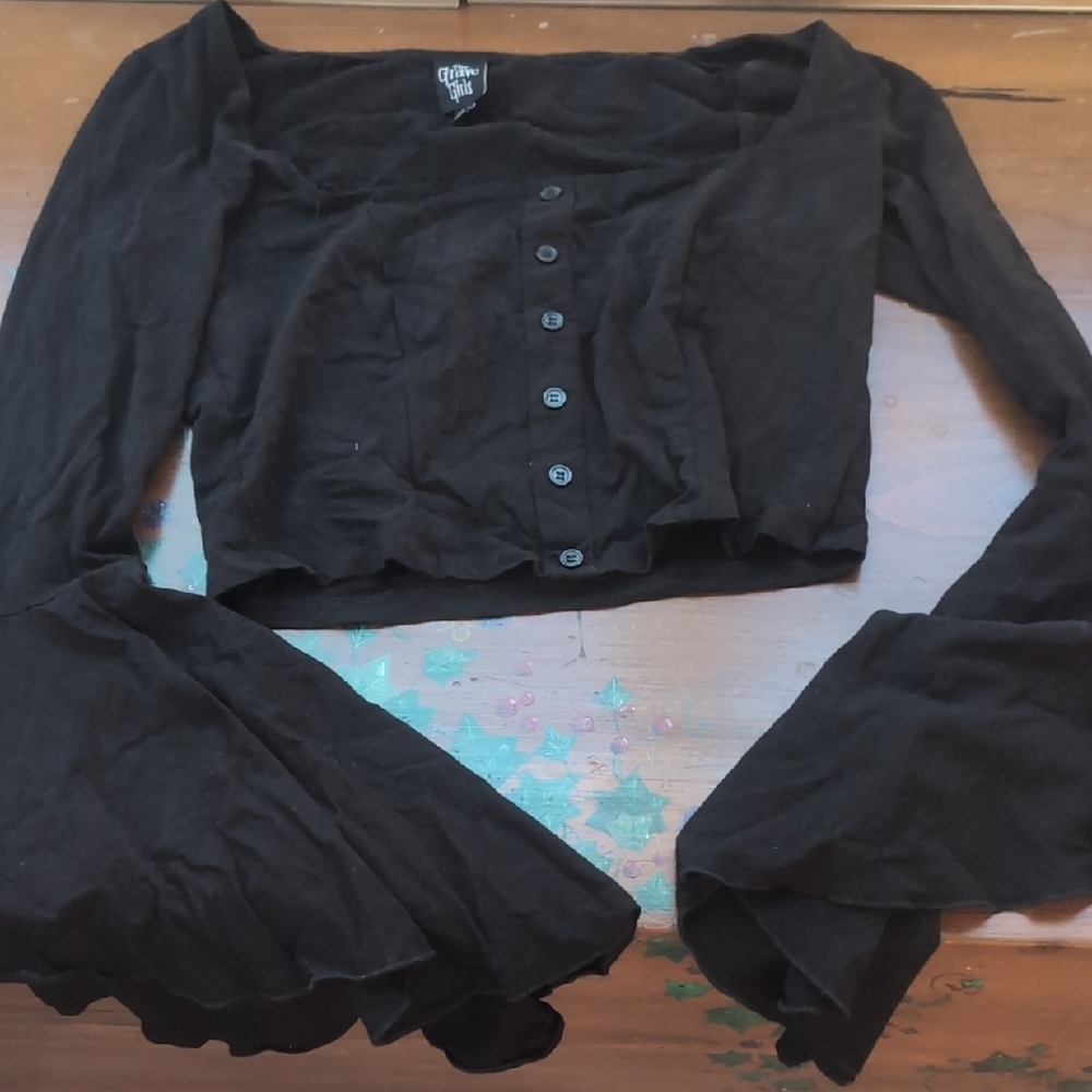 Dolls Kill Black Long Sleeve Crop Top with Button Front